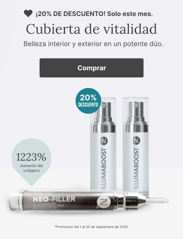 A promotional banner for a combo of Neora’s Neo-FILLER and NeoraFit Slim + Skin. Featured is text reading ”20% OFF this month only.” and a “Shop Now” button underneath it.